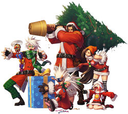  2girls 3boys ^_^ animal_hands animal_print antlers artstation_sample bad_source bear_print belt black_footwear black_gloves boots box breasts brown_eyes brown_hair cat_paws character_request christmas christmas_ornaments christmas_tree closed_eyes clown_nose crusader_(dungeon_and_fighter) crying dress dungeon_and_fighter earrings elbow_gloves fighter_(dungeon_and_fighter) fingerless_gloves fur_trim gift gift_box glasses gloves green_pants gunner_(dungeon_and_fighter) hand_on_own_hip hat highres holding horns image_sample jewelry joo_sung_kang long_hair long_sleeves looking_at_another mage_(dungeon_and_fighter) male_priest_(dungeon_and_fighter) multiple_boys multiple_girls outstretched_arm outstretched_arms pants paw_gloves paw_shoes photoshop_(medium) pointing pointy_ears red_dress red_eyes red_footwear red_gloves red_pants reindeer_antlers rimless_eyewear santa_costume santa_hat shoes short_hair simple_background sitting slayer_(dungeon_and_fighter) sleeves_past_wrists spiked_hair striped_clothes striped_thighhighs thighhighs very_long_hair wariza white_background white_hair 