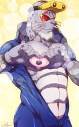  5:8 5_fingers abs anthro beard blue_clothing bodysuit clothed clothing eye_markings eyewear eyewear_on_head facial_hair fingers funeral-paws gesture goggles goggles_on_head hand_heart heart_symbol hi_res looking_at_viewer male mammal marine markings my_hero_academia navel nipples open_suit oppai_heart partially_clothed pinniped seal selkie_(my_hero_academia) skinsuit solo spotted_seal tight_clothing wetsuit 