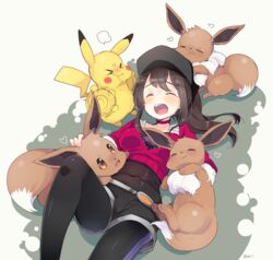  &gt;_&lt; :d ^_^ artist_name baseball_cap belt black_hair black_hat black_leggings black_shorts blush breasts brown_eyes choker closed_eyes collarbone commentary_request covered_navel eevee female female_protagonist_(pokemon_go) hat headpat heart hug jealous kanro_ame_(ameko) leggings long_hair long_sleeves lying medium_breasts motion_blur on_back open_mouth pikachu pokemon pokemon_(creature) pokemon_go ponytail pout red_shirt shirt shorts simple_background smile 