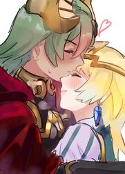  2girls blonde_hair blush check_commentary closed_eyes closed_mouth commentary_request crown dark-skinned_female dark_skin earrings fire_emblem fire_emblem_heroes fjorm_(fire_emblem) from_side green_hair hair_ornament highres jewelry laegjarn_(fire_emblem) multiple_girls sakuramotikun short_hair simple_background smile white_background yuri 