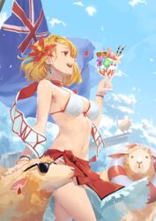  animal azur_lane baraba_baba bikini blonde_hair bracelet braid breasts cloud commentary cowboy_shot crown_braid day earrings english_commentary female flower food french_braid fruit hair_flower hair_ornament highres holding ice_cream jewelry lifebuoy medium_breasts navel new_zealand_flag official_alternate_costume open_mouth outdoors parfait prince_of_wales_(azur_lane) prince_of_wales_(sun_shining_upon_windsor)_(azur_lane) red_eyes sarong second-party_source sheep short_hair strawberry sunglasses swim_ring swimsuit teeth upper_teeth_only 