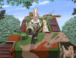  2girls blonde_hair blue_eyes braid caterpillar_tracks cloud commentary_request day kahis_(sweetbriar) long_hair military military_vehicle motor_vehicle multiple_girls original outdoors side_braid sky smile tank tiger_ii tree 