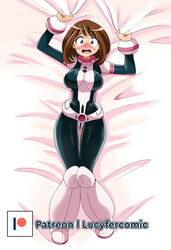  absurdres bed_sheet blush bodysuit boku_no_hero_academia boots breasts dakimakura_(medium) female female_focus full_body hero_outfit_(mha) highres looking_at_viewer lucyfercomic my_hero_academia ochako_uraraka ochako_uraraka_(hero_outfit) patreon_logo patreon_username sheet_grab shiny_clothes short_hair solo uraraka_ochako 