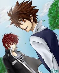  brown_eyes brown_hair katekyo_hitman_reborn kozato_enma red_eyes red_hair sawada_tsunayoshi smile trees 