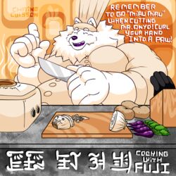  1:1 anthro appliance apron barazoku belly big_belly canid canine canis carrot chopping chopping_block chopping_board closed_eyes clothed clothing container cooking cooking_pot cooking_show cookware crockpot cutlery cutting_board dialogue digital_media_(artwork) domestic_dog fluffy food food_creature fujiyama_kenhaku fujiyama_samoyed_(artist) fur holding_object hyper inside kitchen kitchen_appliance kitchen_counter kitchen_knife kitchen_utensils knife knife_block looking_at_viewer male mammal nordic_sled_dog obese obese_anthro obese_male onion open_mouth overweight overweight_anthro overweight_male plant potato purple_carrot samoyed simple_background size_difference slow_cooker smile solo spitz stew text tools topwear toque vegetable watermark white_body white_fur 