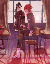  black_hair desk katekyo_hitman_reborn kozato_enma red_eyes red_hair school shoes sitting suzuki_adelheid window 