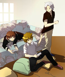  brown_eyes brown_hair couch gokudera_hayato katekyo_hitman_reborn kozato_enma pillow red_eyes red_hair sawada_tsunayoshi silver_hair sitting video_games 