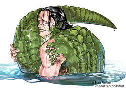  1boy black_hair crocodile_(one_piece) crocodile_boy crocodilian_tail e_mouth69 from_behind green_scales hair_slicked_back looking_at_viewer looking_back male_focus mature_male monster_boy monsterification name_connection nude one_piece partially_submerged pointy_ears scar scar_on_face short_hair solo stitches tail upper_body wet wet_hair 