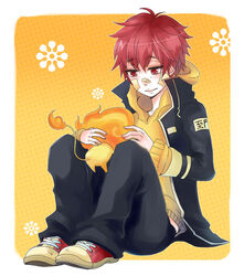  band_aid holding katekyo_hitman_reborn kozato_enma natsu orange red_eyes red_hair sitting smile sneakers 