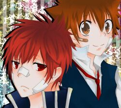  band_aids brown_eyes brown_hair frown katekyo_hitman_reborn kozato_enma red_eyes red_hair sawada_tsunayoshi school_uniform smile sweater tie 