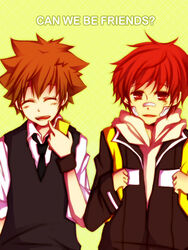  backpack band_aids brown_hair closed_eyes katekyo_hitman_reborn kozato_enma red_eyes red_hair sawada_tsunayoshi school_uniform smile 