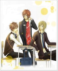  basil blue_eyes brown_eyes brown_hair desk katekyo_hitman_reborn kozato_enma red_hair sawada_tsunayoshi school_bag sitting tie 