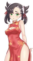  absurdres alternate_costume arms_behind_back asymmetrical_bangs bare_shoulders black_hair blush breasts china_dress chinese_clothes cleavage cleavage_cutout clothing_cutout commentary_request dress earrings eyelashes female frills green_eyes hair_horns highres jewelry maho_(corotonton5150) marnie_(pokemon) medium_breasts medium_hair open_mouth parted_lips pokemon pokemon_swsh simple_background solo white_background 