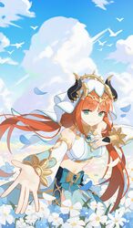  \||/ bird blue_bow blue_flower blue_gemstone blue_skirt blue_sky bow breasts circlet closed_mouth cloud cumulonimbus_cloud daisy dalmo_(pafe2444) day detached_sleeves fake_horns falling_petals female flower gem genshin_impact gold_trim green_eyes harem_outfit highres horns long_hair long_sleeves looking_back medium_breasts midriff navel nilou_(genshin_impact) offering_hand open_hand orange_hair outdoors outstretched_arm petals puffy_long_sleeves puffy_sleeves reaching reaching_towards_viewer skirt sky smile solo veil vision_(genshin_impact) white_flower white_sleeves 