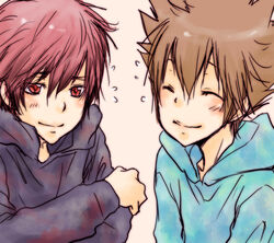  brown_hair closed_eyes hoodie katekyo_hitman_reborn kozato_enma red_eyes red_hair sawada_tsunayoshi sitting smile 