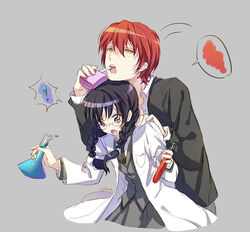  ! 1boy :o akabane_karma ansatsu_kyoushitsu bendy_straw black_hair black_jacket black_necktie blazer braid buttons cat_princess coat collared_shirt commentary_request cropped_torso dress_shirt drinking_straw eyebrows female flask glasses grey_background grey_jacket grey_pants grey_skirt hair_between_eyes hair_tie hand_on_another&#039;s_shoulder head_on_head head_rest height_difference holding jacket jimiko juice_box kunugigaoka_middle_school_uniform lab_coat leaning_forward leaning_on_person long_hair long_sleeves looking_down motion_lines necktie okuda_manami open_clothes open_coat open_mouth pants photoshop_(medium) pleated_skirt pocket purple_eyes red_hair school_uniform shirt simple_background skirt speech_bubble spill spoken_exclamation_mark surprised test_tube twin_braids twintails twitter_username unbuttoned unbuttoned_shirt white_shirt yellow_eyes 