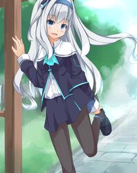  black_pantyhose blue_eyes blush commentary_request dodonpachi dodonpachi_saidaioujou female hairband himajin_(starmine) long_hair maria_(saidaioujou) pantyhose skirt smile solo white_hair 