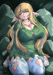  blonde_hair breasts cleavage closed_eyes collarbone dress elf erect_nipples female female huge_breasts kneeling long_hair miniskirt nafta outdoors pointy_ears rocks sandals skirt solo sweat thighs tiffania_westwood toes very_long_hair zero_no_tsukaima 