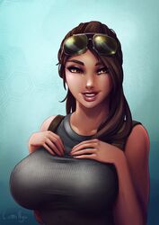  1girls 2018 artist_name big_breasts breasts brown_eyes brown_hair bust busty clothed clothes clothing dark-skinned_female dark_skin eyelashes eyes eyeshadow eyewear_on_head female female_only fortnite glasses hair hand_on_breast large_breasts long_hair luminyu ponytail ramirez_(fortnite) smile solo solo_focus sunglasses_on_head tagme tumblr 