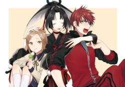  3boys :t black_hair boy_sandwich brown_eyes brown_hair closed_eyes commentary_request dango eating food grey_eyes hair_ornament hairclip houchou_toushirou japanese_clothes kogarasumaru_(touken_ranbu) lipstick makeup male_focus multiple_boys oisih ookanehira_(touken_ranbu) open_mouth ponytail red_hair sandwiched sanshoku_dango shorts sitting smile touken_ranbu track_suit wagashi 