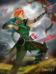  alternate_costume arrow_(projectile) artemis_(smite) bird blue_eyes boots bow_(weapon) braid cloud commentary copyright_name english_commentary facial_mark female flower freckles gloves grass hair_flower hair_ornament highres jaggudada long_hair mountain official_art orange_hair outdoors photoshop_(medium) plain quiver sky smite solo weapon 