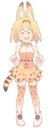  :d animal_ears animal_print ankle_boots bangs bare_shoulders belt blonde_hair blush boots bow bowtie breasts cross-laced_clothes elbow_gloves female full_body gloves hair_between_eyes happy high-waist_skirt kemono_friends looking_at_viewer medium_breasts medium_skirt open_mouth print_bow print_legwear print_skirt serval_(kemono_friends) serval_ears serval_print serval_tail shirt short_hair skirt sleeveless sleeveless_shirt smile solo striped_tail tail taut_clothes thighhighs upper_teeth urayamashiro_(artist) white_background white_boots white_gloves white_shirt yellow_bow yellow_bowtie yellow_eyes yellow_skirt 