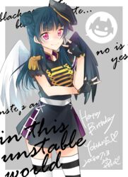  artist_name asymmetrical_wings black_gloves black_hat black_skirt black_wings blue_hair character_name commentary_request dated elbow_on_arm english_text epaulettes female fingerless_gloves frilled_sleeves frills gloves grey_background happy_birthday hat highres long_hair looking_at_viewer love_live! love_live!_sunshine!! peke_(xoxopeke) purple_eyes short_sleeves skirt smile solo striped_clothes striped_thighhighs thighhighs tsushima_yoshiko v w white_wings wings 