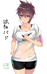  aragaki_nagisa bike_shorts black_shorts blush brown_hair collarbone commentary_request covered_navel digital_media_player earbuds earphones female hair_between_eyes hanebado! highres looking_at_viewer mole mole_under_mouth muka_tsuku red_eyes see-through shirt short_hair shorts solo spiked_hair standing sweat t-shirt tomboy 