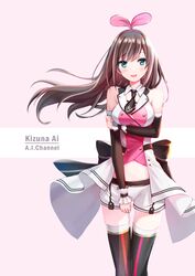  :d black_bow black_necktie black_thighhighs blush bow breasts brown_hair character_name commentary copyright_name detached_sleeves female green_eyes hairband highres kizuna_ai kizuna_ai_(elegant) kizuna_ai_inc. long_hair long_sleeves medium_breasts midriff multicolored_hair navel necktie open_mouth pink_hair pink_hairband rods round_teeth shirt short_necktie short_shorts shorts sleeveless sleeveless_shirt smile solo streaked_hair teeth thighhighs upper_teeth_only very_long_hair virtual_youtuber white_shirt white_shorts 