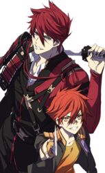  2boys aizen_kunitoshi armor brown_eyes commentary_request grey_eyes grin highres holding holding_sword holding_weapon igote jacket japanese_armor kote male_focus multiple_boys ookanehira_(touken_ranbu) open_clothes open_jacket orange_hair red_hair short_sword simple_background smile spiked_hair sword sword_behind_back tantou toriyoshi touken_ranbu weapon white_background 