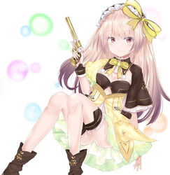  absurdres atelier_(series) atelier_lydie_&amp;_suelle black_hairband boots bow breasts brown_footwear chinese_commentary commentary dress female frilled_hairband frills gun hair_between_eyes hairband hairbow hand_up handgun highres holding holding_gun holding_weapon light_brown_hair long_hair red_eyes revolver ru_zhai short_sleeves sitting small_breasts solo striped_clothes striped_hairband suelle_marlen very_long_hair weapon white_background wide_sleeves yellow_bow yellow_dress 