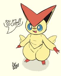  blue_eyes blush cute feral happy looking_up not_porn pok&eacute;mon_(species) pokemon safe_for_work signature simple_background text victini wholesome 