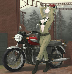  1boy arms_up biker_clothes bikesuit bikini bikini_top_only blonde_hair bodysuit breasts camouflage cleavage commentary_request eva_(metal_gear) female gloves goggles gun helmet highres holster mask medium_breasts metal_gear_(series) metal_gear_solid metal_gear_solid_3:_snake_eater motor_vehicle motorcycle naked_snake natsuhiko_(7215) navel parted_lips removing_helmet revision swimsuit triumph_(motorcycle) unzipped weapon 