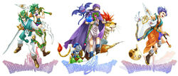  3boys borongo cape circlet commentary_request curly_hair dracky dragon_quest dragon_quest_iv dragon_quest_v dragon_quest_vi female fingerless_gloves gloves green_hair hammer helmet hero_(dq4) hero_(dq5) hero_(dq6) heroine_(dq4) highres hinafuru mottle_slime multiple_boys purple_eyes shield shield_of_valora short_hair slime_(dragon_quest) slime_knight spiked_hair staff sword sword_of_ramias turban weapon zenithian_sword 