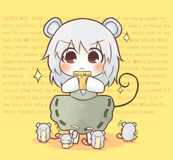  :&lt; ^_^ animal_ears bad_id bad_pixiv_id caloriemate chibi closed_eyes dress eating english_text female grey_hair jewelry long_sleeves mouse_(animal) mouse_ears mouse_tail nazrin pendant red_eyes short_hair sleeping solo south114 sparkle tail touhou zzz |_| 