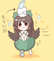  bad_id bad_pixiv_id barefoot blush blush_stickers bow brown_eyes brown_hair chibi egg female fire green_bow hairbow litwick long_hair pokemon pokemon_(creature) pokemon_bw red_eyes reiuji_utsuho shoes single_shoe south114 touhou translated unyu wings 