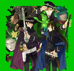  6+boys border commentary_request cosplay dagda_(megami_tensei) danu dark_skin devil_summoner_(series) fedora female flynn_(megami_tensei) ghost gouto green_border green_eyes grey_eyes hair_down hand_on_own_hip hat highres krishna_(megami_tensei) kuzunoha_raidou kuzunoha_raidou_(cosplay) long_hair multiple_boys nanashi_(megami_tensei) navarre_(megami_tensei) peaked_cap purple_eyes shin_megami_tensei shin_megami_tensei_iv shin_megami_tensei_iv_final sword uniform weapon white-light 