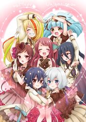  6+girls :d ^_^ alternate_color black_hair blonde_hair blue_hair brown_hair candy chocolate closed_eyes dress eyes_visible_through_hair flower food gloves grin hair_flower hair_ornament heart heart-shaped_chocolate heart_arms heart_hair heart_in_mouth hoshikawa_lily konno_junko light_blue_hair light_green_hair long_hair minamoto_sakura mizuno_ai multicolored_hair multiple_girls nikaidou_saki open_mouth orange_hair protected_link red_hair smile star_(symbol) star_hair_ornament streaked_hair v-shaped_eyebrows valentine white_gloves white_hair yamada_tae yumu_mz yuugiri_(zombie_land_saga) zombie_land_saga 