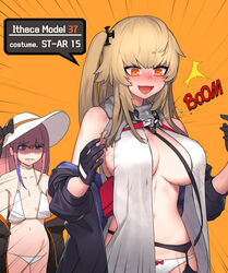  2girls :d alternate_costume angry bikini biting_own_lip black_necktie black_thighhighs blue_eyes blush bow bow_panties breast_envy breasts brown_hair cain_(gunnermul) character_name cleavage collarbone commentary cosplay costume_switch dress embarrassed flat_chest garter_belt girls&#039;_frontline gloves hair_between_eyes hair_ornament half-closed_eye hat highres jacket katou_emiri large_breasts long_hair looking_at_another looking_at_breasts loose_bikini m37_(girls&#039;_frontline) m37_(girls&#039;_frontline)_(cosplay) multicolored_hair multiple_girls navel necktie no_bra off_shoulder one_side_up open_clothes open_jacket open_mouth orange_background orange_eyes panties photoshop_(medium) pink_hair pouch scarf shaded_face sidelocks simple_background smile sparkle st_ar-15_(girls&#039;_frontline) st_ar-15_(girls&#039;_frontline)_(cosplay) stomach streaked_hair sun_hat swimsuit thighhighs thighs torn_clothes torn_dress underwear very_long_hair voice_actor_connection white_bikini white_panties yellow_eyes 