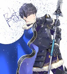  1boy armor berkut_(fire_emblem) berkut_(soiree)_(fire_emblem) black_hair blue_eyes cape commentary_request fire_emblem fire_emblem_echoes:_shadows_of_valentia fire_emblem_heroes gauntlets highres holding holding_polearm holding_weapon koukou7722 looking_back male_focus polearm pout solo spear weapon 