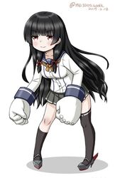  asymmetrical_legwear black_hair blue_sailor_collar blunt_bangs commentary_request dated female full_body gloves grey_skirt hair_ribbon isokaze_(kancolle) kantai_collection kneehighs leaning_forward long_hair long_sleeves masara_(chuujou) neckerchief one-hour_drawing_challenge oversized_gloves pleated_skirt red_eyes ribbon sailor_collar school_uniform serafuku simple_background single_kneehigh single_sock single_thighhigh skirt smile socks solo split_mouth thighhighs tress_ribbon twitter_username uneven_legwear white_background white_gloves yellow_neckerchief 