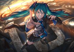  amplifier anniversary aqua_eyes aqua_hair blazer blue_hair cityscape commentary female grin hatsune_miku headphones jacket joki_yoh long_hair looking_at_viewer magical_mirai_(vocaloid) microphone nail_polish necktie pointing pointing_at_viewer scenery skirt smile solo sunrise teeth thighhighs utility_pole vocaloid 