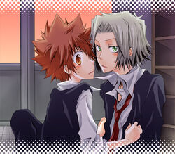  2boys blush brown_eyes brown_hair gokudera gokudera_hayato green_eyes katekyo_hitman_reborn katekyo_hitman_reborn! kissing kubyou_azami male male_focus mononoke_hobaku_butai multiple_boys necktie reborn sawada_tsunayoshi school school_uniform short_hair silver_hair spiked_hair surprised sweat tie tsuna uniform yaoi 