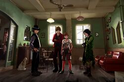  3boys ashi_ura backlighting black_footwear black_hair black_pants black_vest boots brown_hair canine ceiling ceiling_fan ceiling_light chair clipboard commentary_request couch crossed_arms curtains door female green_shirt hand_on_own_hip hat hidari_shoutarou holding indoors jacket kamen_rider kamen_rider_w legs_apart long_sleeves looking_at_viewer multiple_boys narumi_akiko necktie open_clothes open_jacket pants philip_(kamen_rider) photo_(object) picture_frame plant polka_dot potted_plant red_jacket red_pants room shadow shirt shoes short_sleeves shorts smile smoking_pipe sneakers standing statue stool table terui_ryuu vest window wooden_floor 