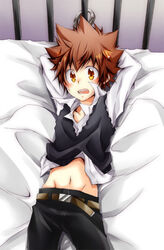  1boy arms_above_head arms_up bed bondage bondage bound boy brown_eyes brown_hair cuffs handcuffed handcuffs katekyo_hitman_reborn katekyo_hitman_reborn! kubyou_azami lying male male_focus mononoke_hobaku_butai navel on_back reborn sawada_tsunayoshi school_uniform shirt_lift short_hair solo spiked_hair student surprised sweat tsuna uniform 