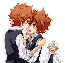  3boys blush brown_eyes brown_hair giotto gokudera gokudera_hayato green_eyes katekyo_hitman_reborn katekyo_hitman_reborn! kissing kubyou_azami male male_focus mononoke_hobaku_butai multiple_boys necktie open_mouth reborn saliva sawada_tsunayoshi school_uniform selfcest short_hair silver_hair spiked_hair surprised sweat tie tongue tsuna uniform vongola_primo yaoi 