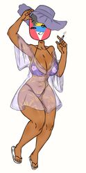  1girls 2024 alternate_version_available antigua_and_barbuda_(countryhumans) belly_button big_breasts bikini breasts cigarette clothed clothed_female clothing countryhumans countryhumans_girl dark-skinned_female dark_skin dress feet flawsy flower footwear hands_up hat knees_together_feet_apart looking_at_viewer purple_clothing sandals simple_background smile solo sun_hat thick_thighs thighs translucent_clothing white_background 