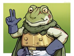  absurd_res amphibian anthro armor belt belt_buckle blue_clothing blue_gloves blue_handwear buckle chrono_trigger clothing dynogreeno frog glenn_(chrono_trigger) gloves green_background green_body green_skin handwear hat headgear headwear hi_res male simple_background smile smiling_at_viewer solo square_enix 