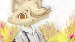  16:9 anthro bangs black_nose canid canine clothed clothing female fur hazuki_mikami_(hasukii) hi_res hooki looking_at_viewer mammal one_eye_obstructed orange_eyes plant sky solo unfinished white_inner_ear white_sky widescreen yellow_body yellow_fur 