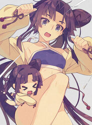  bare_shoulders bikini black_hair blue_bikini blue_eyes breasts brown_hair chibi collarbone fate/grand_order fate_(series) female happy highres long_hair open_mouth saipaco small_breasts smile swimsuit ushiwakamaru_(fate) ushiwakamaru_(swimsuit_assassin)_(fate) ushiwakamaru_(swimsuit_assassin)_(first_ascension)_(fate) wardrobe_malfunction 